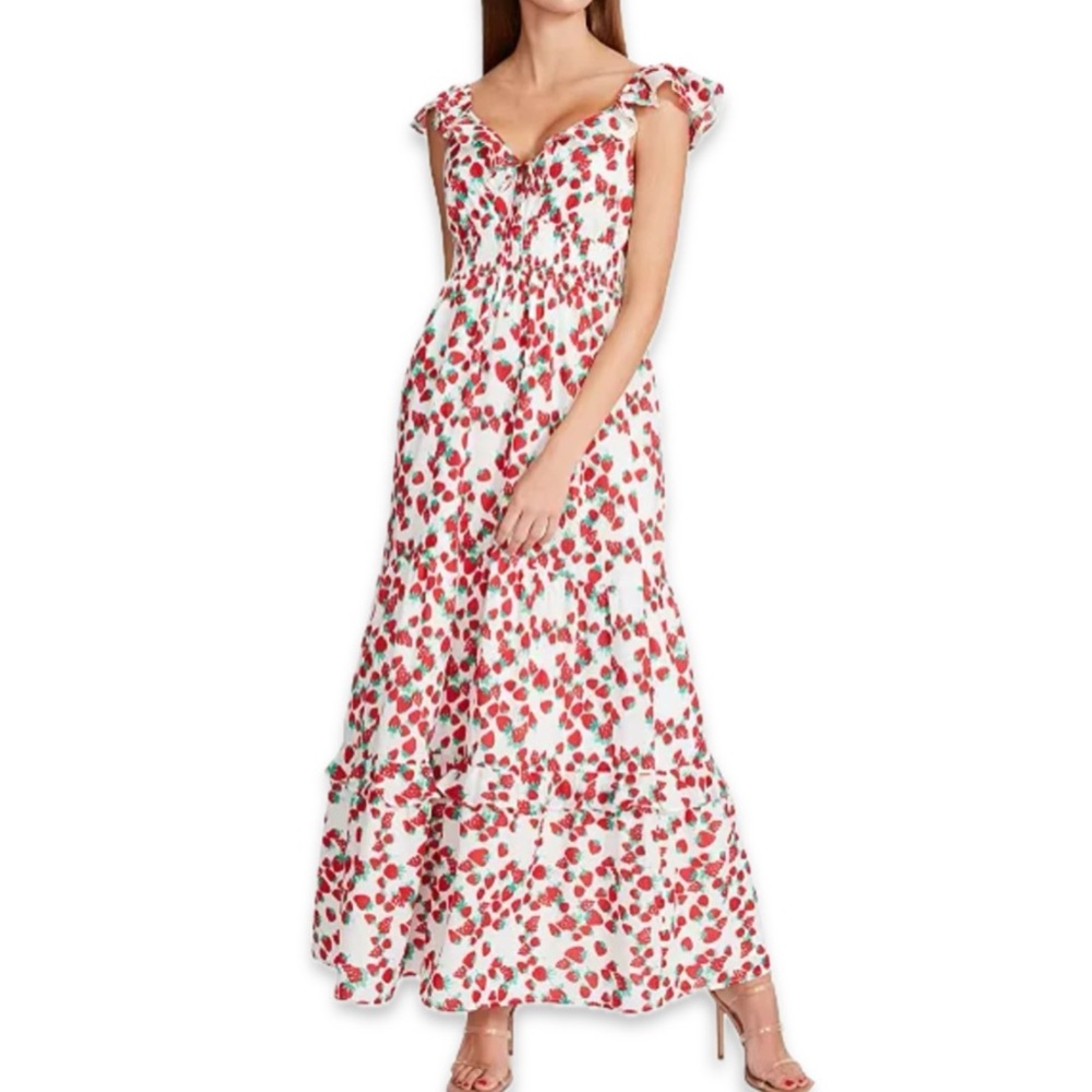 BETSEY JOHNSON Strawberry‎ Print Voile Ruffled sweet maxi Dress XS ruched new